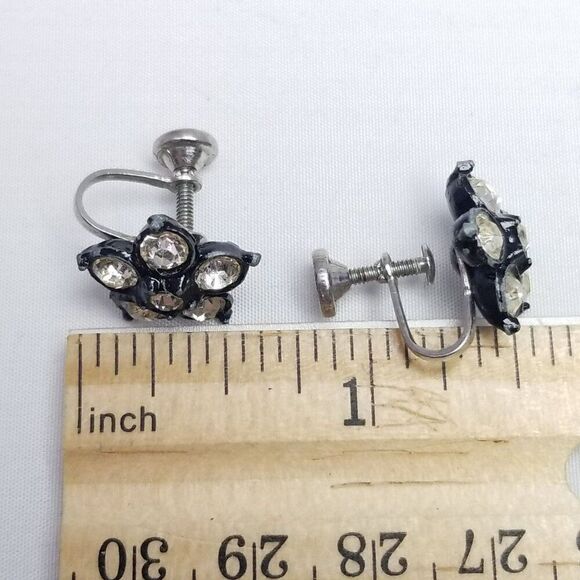 Vintage Rhinestone Flower Clip On Screw Back Earrings, Floral, Estate - Picture 4 of 6
